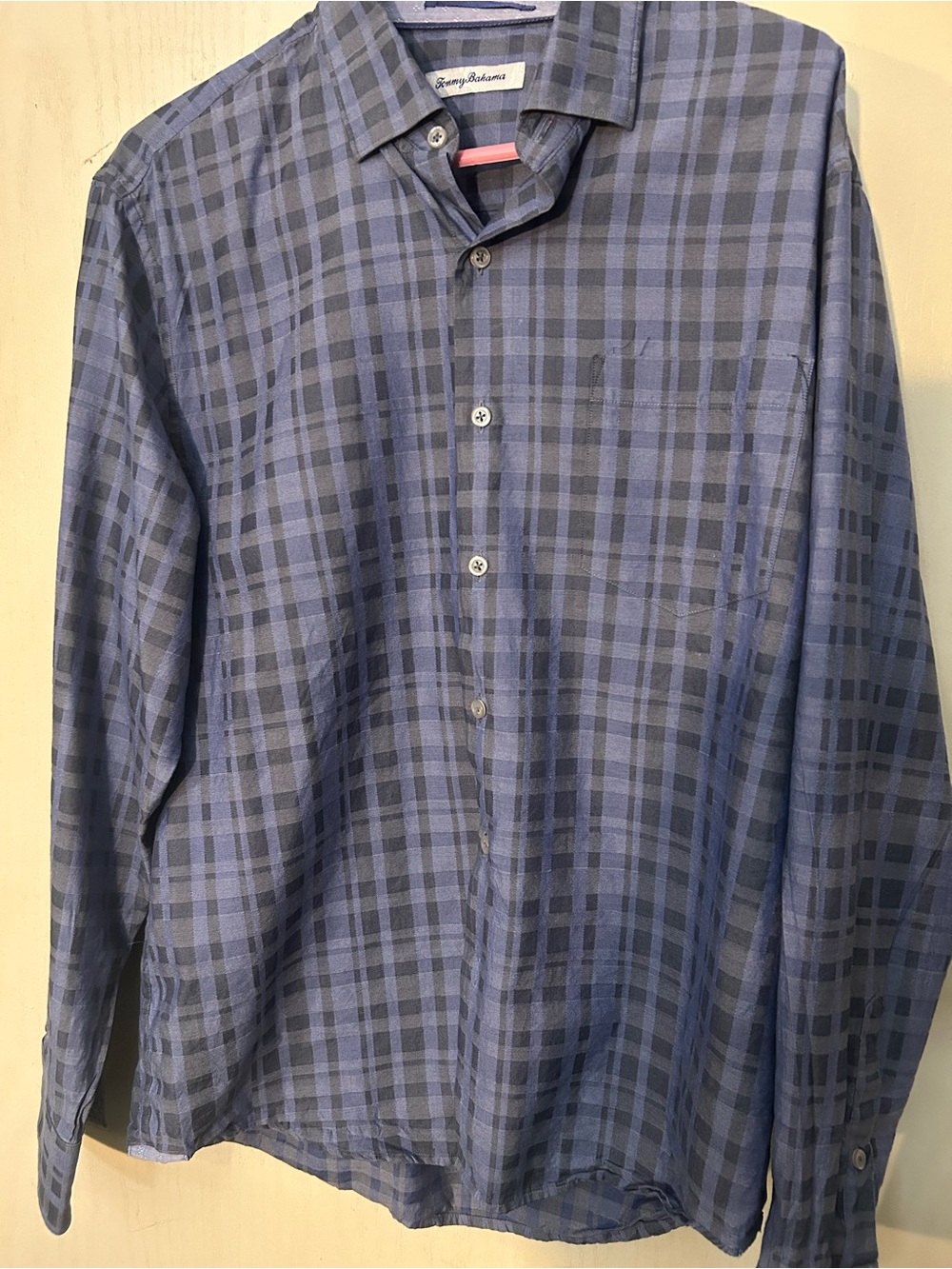 Tommy Bahama Men’s Blue Plaid Silk Cotton Blend Long Sleeve Button Up Shirt